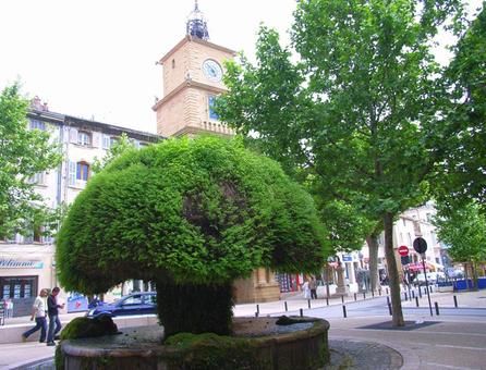 Ein Park in Salon-de-Provence, Frankreich. Im Vordergrund sind grüne Bäume zu sehen, im Hintergrund ein Kirchturm.