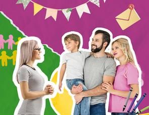 Bunter Hintergrund, Familie im Vordergrund